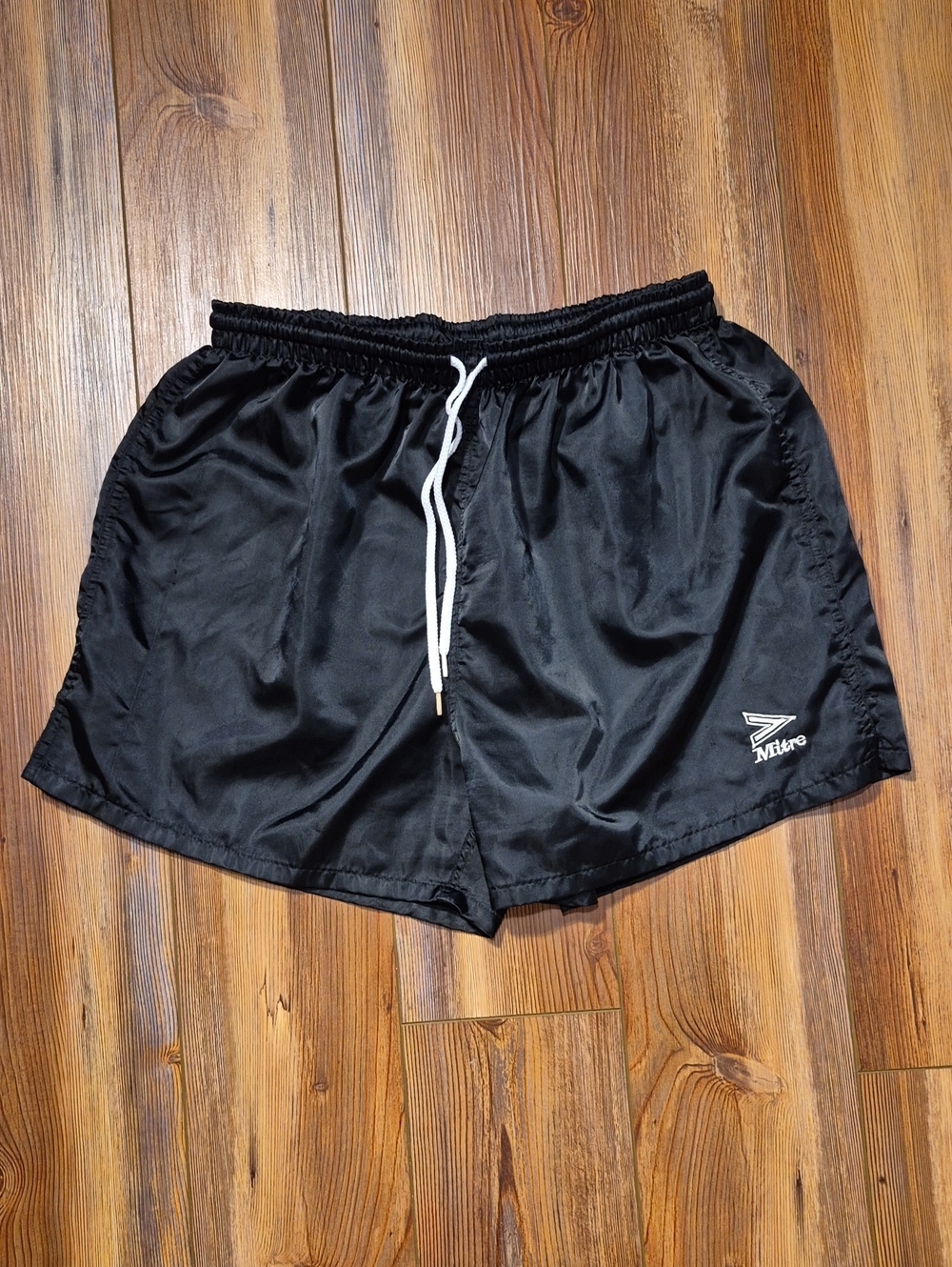 Vtg. 90's Men's Mitre Black Satin Athletic Running Shorts w/ Drawstring - Sz. L